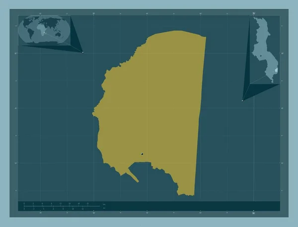 マラウィ地区のPhalombe しっかりした色の形 地域の主要都市の場所 コーナー補助位置図 — ストック写真