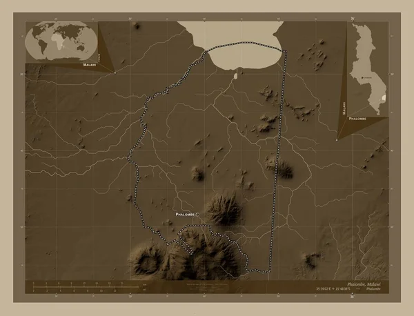 Phalombe District Malawi Elevation Map Colored Sepia Tones Lakes Rivers — Stock Photo, Image