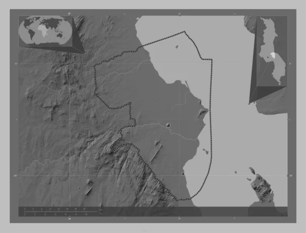 Salima District Malawi Grayscale Elevation Map Lakes Rivers Locations Major — Stock Photo, Image
