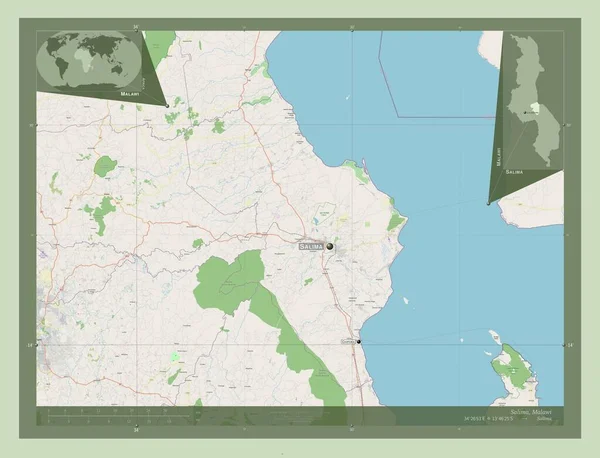 マラウィ県サリマ市 ストリートマップを開く 地域の主要都市の位置と名前 コーナー補助位置図 — ストック写真