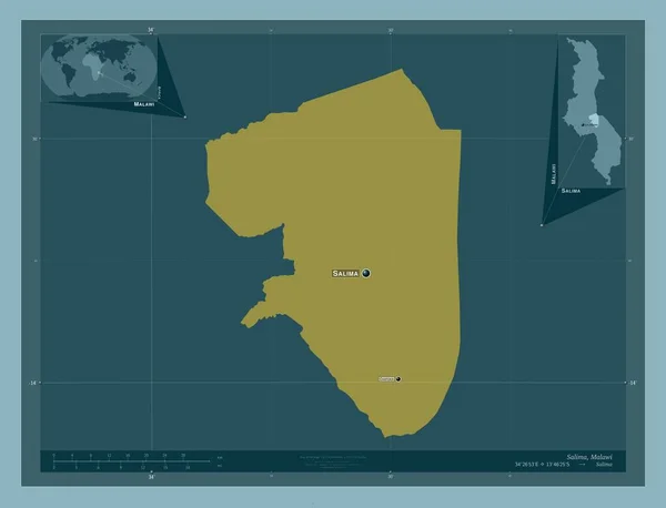 マラウィ県サリマ市 しっかりした色の形 地域の主要都市の位置と名前 コーナー補助位置図 — ストック写真