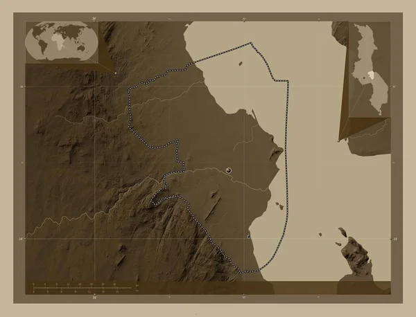 Саліма Район Малаві Висота Карти Забарвлена Сепії Тонів Озерами Річками — стокове фото