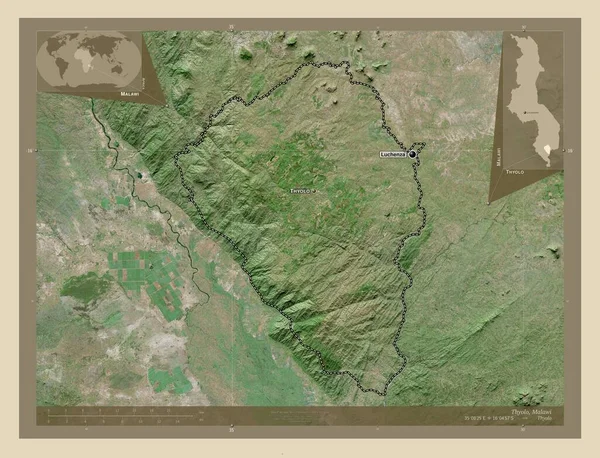 Thyolo 马拉维地区 高分辨率卫星地图 该区域主要城市的地点和名称 角辅助位置图 — 图库照片