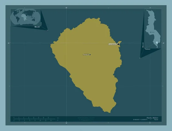 タヨロ マラウィの地区 しっかりした色の形 地域の主要都市の位置と名前 コーナー補助位置図 — ストック写真