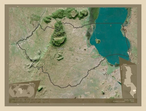 Zomba District Malawi 高分辨率卫星地图 该区域主要城市的地点和名称 角辅助位置图 — 图库照片