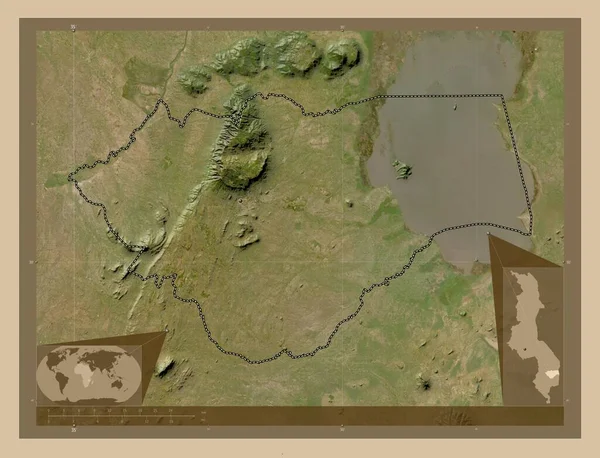 Zomba District Malawi 低分辨率卫星地图 该区域主要城市的所在地点 角辅助位置图 — 图库照片