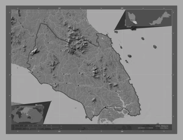 Johor Estado Malasia Mapa Elevación Bilevel Con Lagos Ríos Ubicaciones —  Fotos de Stock