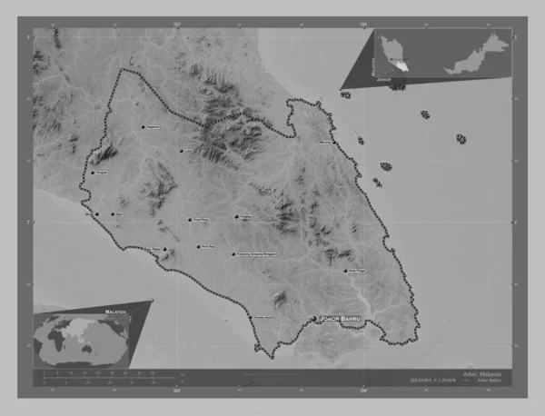 Johor State Malaysia Grayscale Elevation Map Lakes Rivers Locations Names — Stock Photo, Image
