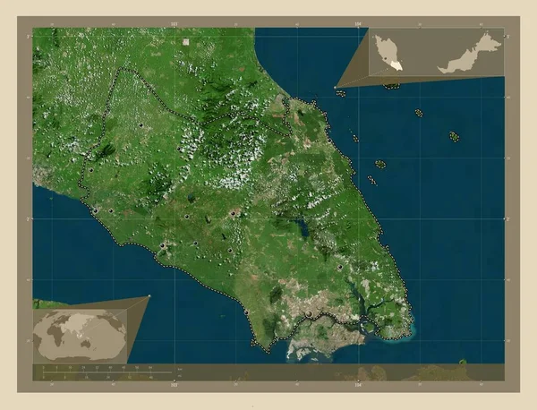 ジョホール マレーシアの州 高解像度衛星地図 地域の主要都市の場所 コーナー補助位置図 — ストック写真