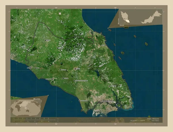ジョホール マレーシアの州 高解像度衛星地図 地域の主要都市の位置と名前 コーナー補助位置図 — ストック写真