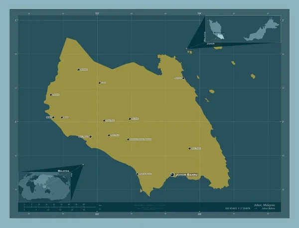 ジョホール マレーシアの州 しっかりした色の形 地域の主要都市の位置と名前 コーナー補助位置図 — ストック写真