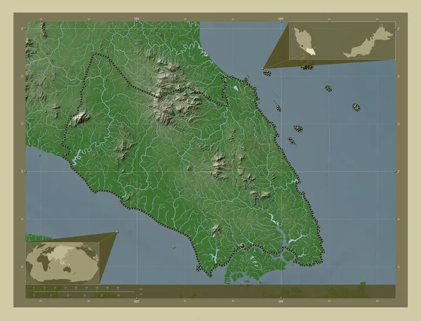 马来西亚的柔佛 用Wiki风格绘制的带有湖泊和河流的高程地图 角辅助位置图 — 图库照片