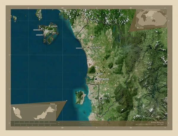 Kedah マレーシアの状態 高解像度衛星地図 地域の主要都市の位置と名前 コーナー補助位置図 — ストック写真