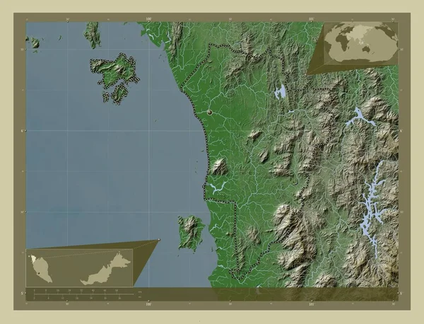 Kedah Stát Malajsie Zdvihová Mapa Zbarvená Stylu Wiki Jezery Řekami — Stock fotografie