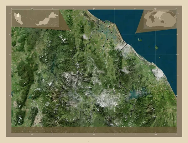 Κελαντάν Πολιτεία Της Μαλαισίας Υψηλής Ανάλυσης Δορυφορικός Χάρτης Τοποθεσίες Μεγάλων — Φωτογραφία Αρχείου