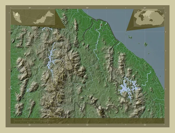 Kelantan 马来西亚国 用Wiki风格绘制的带有湖泊和河流的高程地图 该区域主要城市的所在地点 角辅助位置图 — 图库照片