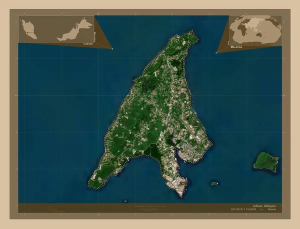 Labuan 马来西亚联邦领土 低分辨率卫星地图 该区域主要城市的地点和名称 角辅助位置图 — 图库照片