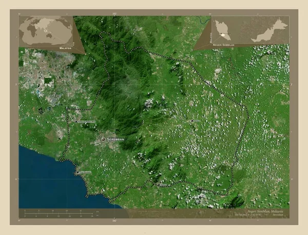 Negeri Sembilan 马来西亚国 高分辨率卫星地图 该区域主要城市的地点和名称 角辅助位置图 — 图库照片