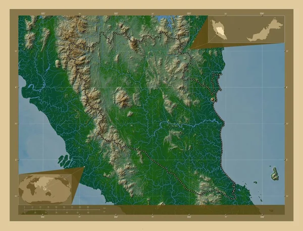 Паханг Штат Малайзия Цветная Карта Высоты Озерами Реками Вспомогательные Карты — стоковое фото