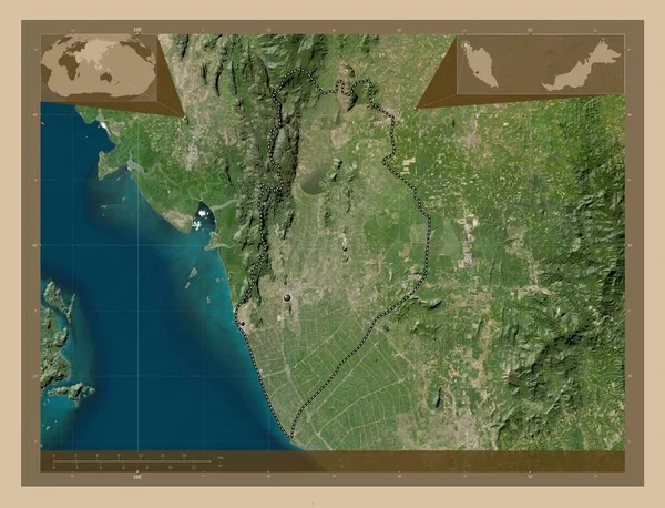 マレーシアのペルリス州 低解像度衛星地図 地域の主要都市の場所 コーナー補助位置図 — ストック写真
