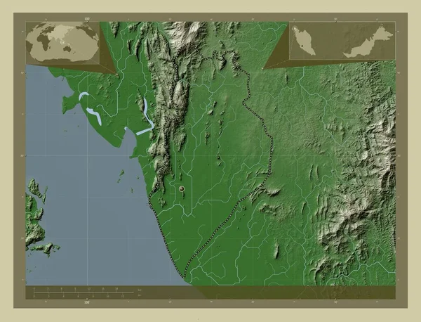 马来西亚国家的Perlis 用Wiki风格绘制的带有湖泊和河流的高程地图 角辅助位置图 — 图库照片