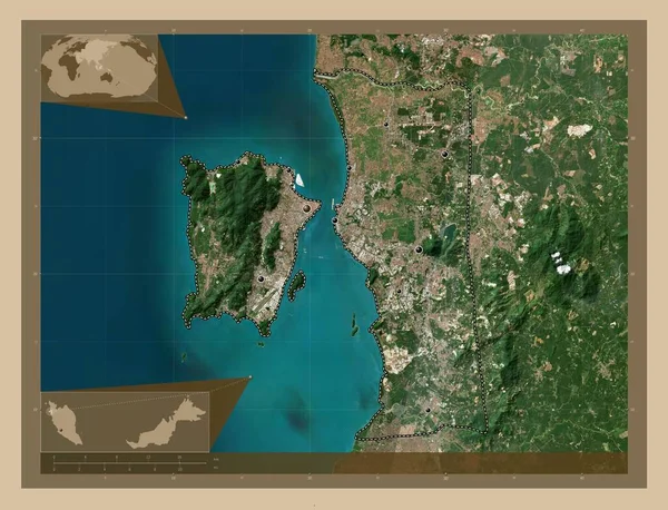 Pulau Pinang 马来西亚州 低分辨率卫星地图 该区域主要城市的所在地点 角辅助位置图 — 图库照片