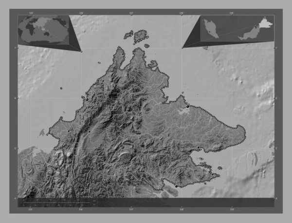 Sabah Staat Maleisië Hoogteplattegrond Met Meren Rivieren Locaties Van Grote — Stockfoto