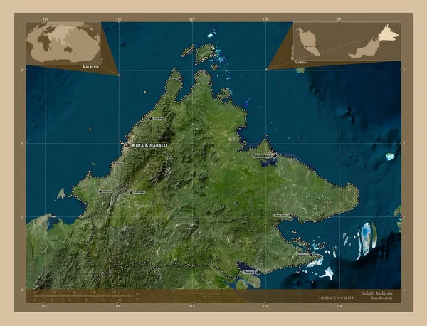 Sabah Stato Della Malesia Mappa Satellitare Bassa Risoluzione Località Nomi — Foto Stock
