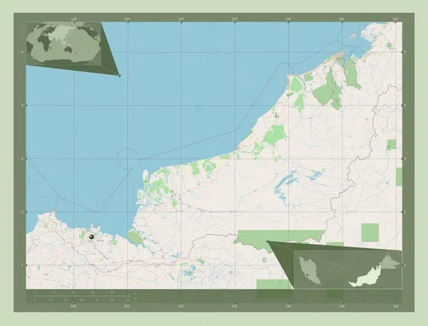 Sarawak Stan Malezja Otwórz Mapę Ulic Pomocnicze Mapy Położenia Narożnika — Zdjęcie stockowe