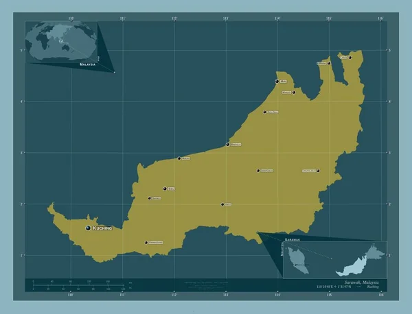 マレーシアのサラワク州 しっかりした色の形 地域の主要都市の位置と名前 コーナー補助位置図 — ストック写真