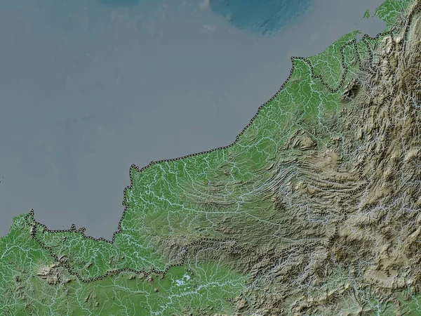 Саравак Штат Малайзия Карта Высот Окрашенная Вики Стиле Озерами Реками — стоковое фото