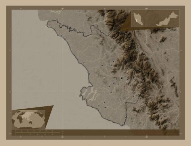 Selangor, Malezya Eyaleti. Yükseklik haritası sepya tonlarında göller ve nehirlerle renklendirilmiş. Bölgenin büyük şehirlerinin yerleri. Köşedeki yedek konum haritaları