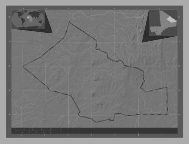 Kidal, Mali bölgesi. Göllü ve nehirli çift katlı yükseklik haritası. Bölgenin büyük şehirlerinin yerleri. Köşedeki yedek konum haritaları