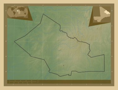 Kidal, Mali bölgesi. Gölleri ve nehirleri olan renkli yükseklik haritası. Köşedeki yedek konum haritaları