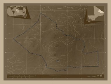 Kidal, Mali bölgesi. Yükseklik haritası sepya tonlarında göller ve nehirlerle renklendirilmiş. Bölgenin büyük şehirlerinin yerleri ve isimleri. Köşedeki yedek konum haritaları