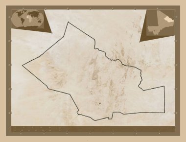 Kidal, Mali bölgesi. Düşük çözünürlüklü uydu. Bölgenin büyük şehirlerinin yerleri. Köşedeki yedek konum haritaları