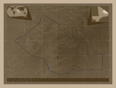 Kidal, Mali bölgesi. Yükseklik haritası sepya tonlarında göller ve nehirlerle renklendirilmiş. Bölgenin büyük şehirlerinin yerleri. Köşedeki yedek konum haritaları