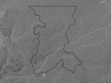 Koulikoro, Mali bölgesi. Gölleri ve nehirleri olan gri tonlama yükseklik haritası