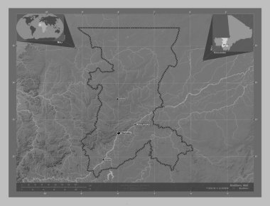 Koulikoro, Mali bölgesi. Gölleri ve nehirleri olan gri tonlama yükseklik haritası. Bölgenin büyük şehirlerinin yerleri ve isimleri. Köşedeki yedek konum haritaları
