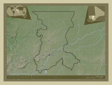 Koulikoro, Mali bölgesi. Yükseklik haritası göller ve nehirlerle wiki tarzında renklendirilmiş. Bölgenin büyük şehirlerinin yerleri ve isimleri. Köşedeki yedek konum haritaları