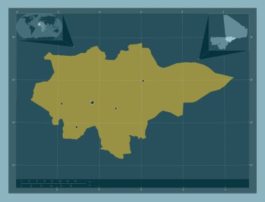 Mopti, Mali bölgesi. Katı renk şekli. Bölgenin büyük şehirlerinin yerleri. Köşedeki yedek konum haritaları