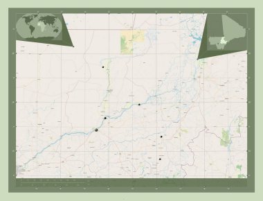 Segou, Mali bölgesi. Açık Sokak Haritası. Bölgenin büyük şehirlerinin yerleri. Köşedeki yedek konum haritaları
