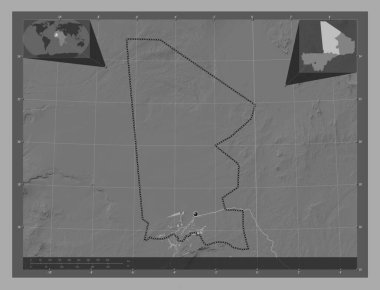 Timbuktu, Mali bölgesi. Göllü ve nehirli çift katlı yükseklik haritası. Köşedeki yedek konum haritaları