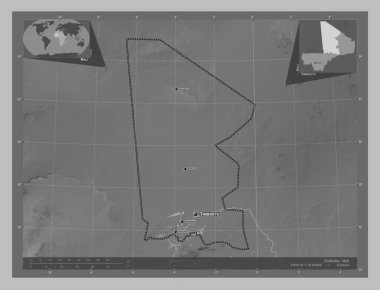 Timbuktu, Mali bölgesi. Gölleri ve nehirleri olan gri tonlama yükseklik haritası. Bölgenin büyük şehirlerinin yerleri ve isimleri. Köşedeki yedek konum haritaları