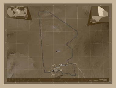 Timbuktu, Mali bölgesi. Yükseklik haritası sepya tonlarında göller ve nehirlerle renklendirilmiş. Bölgenin büyük şehirlerinin yerleri ve isimleri. Köşedeki yedek konum haritaları