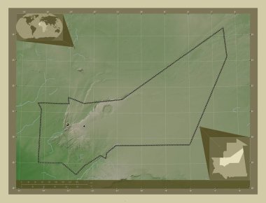 Adrar, Moritanya bölgesi. Yükseklik haritası göller ve nehirlerle wiki tarzında renklendirilmiş. Bölgenin büyük şehirlerinin yerleri. Köşedeki yedek konum haritaları