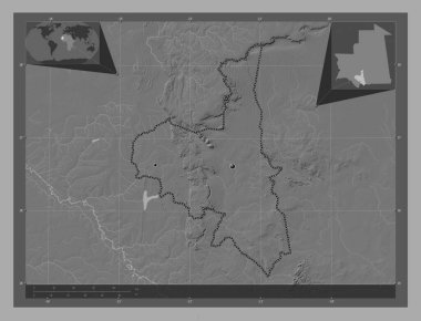 Assaba, Moritanya bölgesi. Göllü ve nehirli çift katlı yükseklik haritası. Bölgenin büyük şehirlerinin yerleri. Köşedeki yedek konum haritaları
