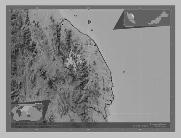 Trengganu State Malaysia Grayscale Elevation Map Lakes Rivers Locations Names — Stock Photo, Image