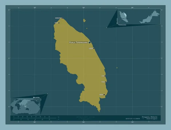 マレーシアのトレンガヌ州 しっかりした色の形 地域の主要都市の位置と名前 コーナー補助位置図 — ストック写真