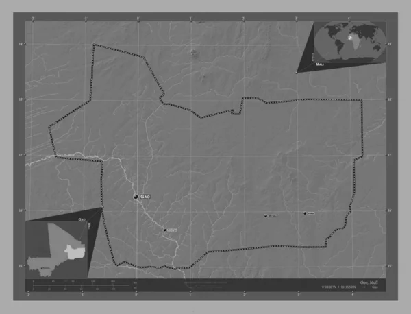 マリ共和国の首都 湖や川と二階の標高マップ 地域の主要都市の位置と名前 コーナー補助位置図 — ストック写真